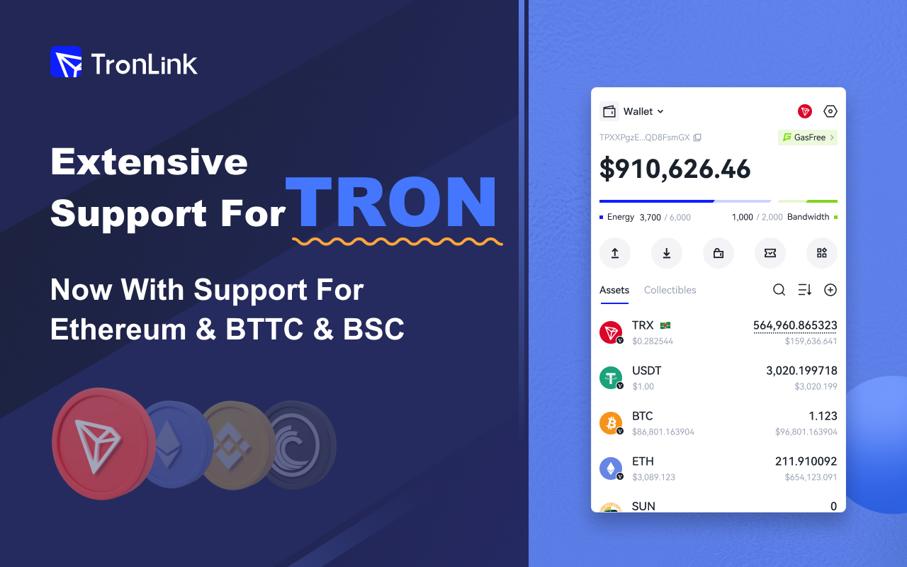 TronLink support for TRON, Ethereum, BTTC and BSC